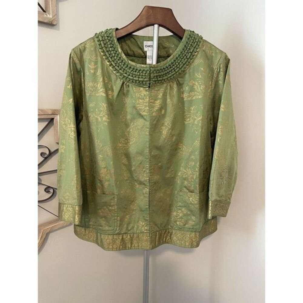 CHICO'S Swing Jacket Size 2-L Green Gold Cotton 3/4 Sleeve